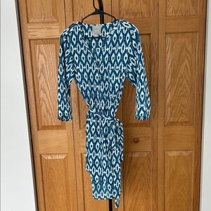 Maeve Teal and White Long Sleeve Dress